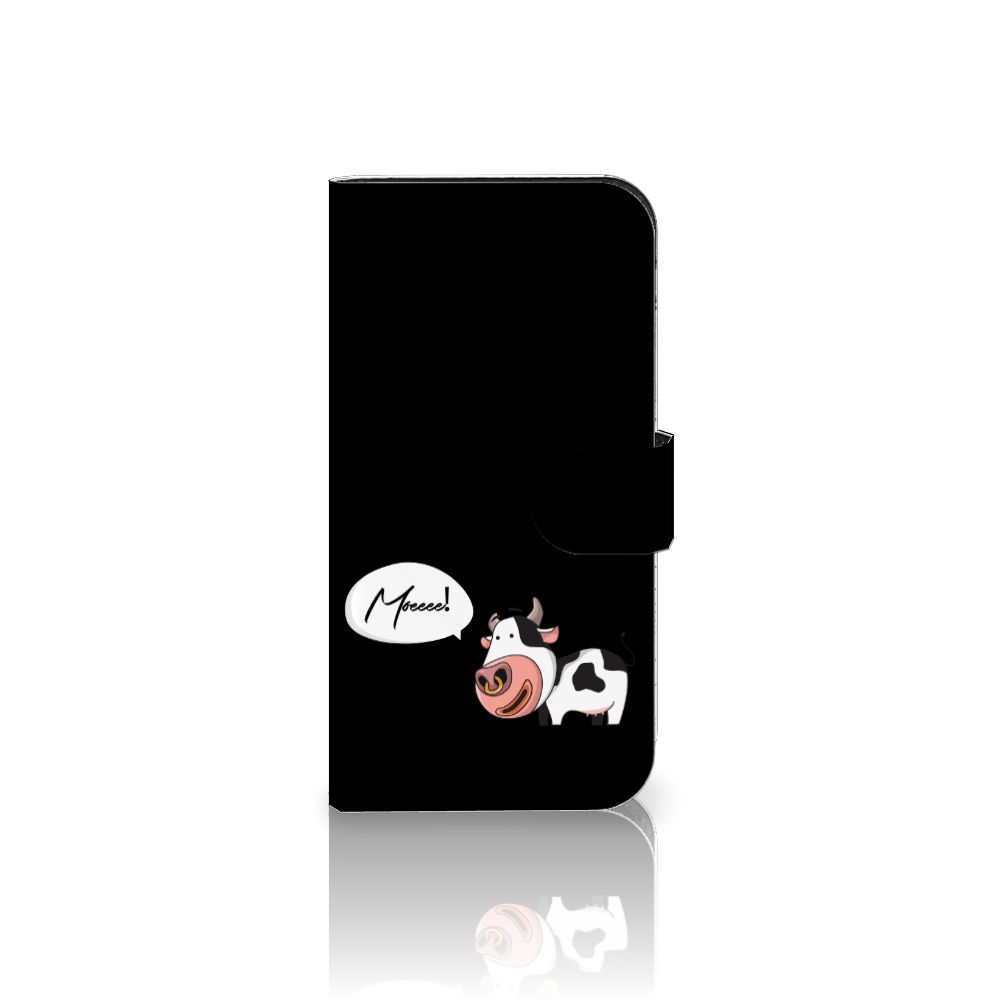 iPhone 15 Pro Leuk Hoesje Cow met schattige koe en tekst 'Moo!' op een zwart hoesje.