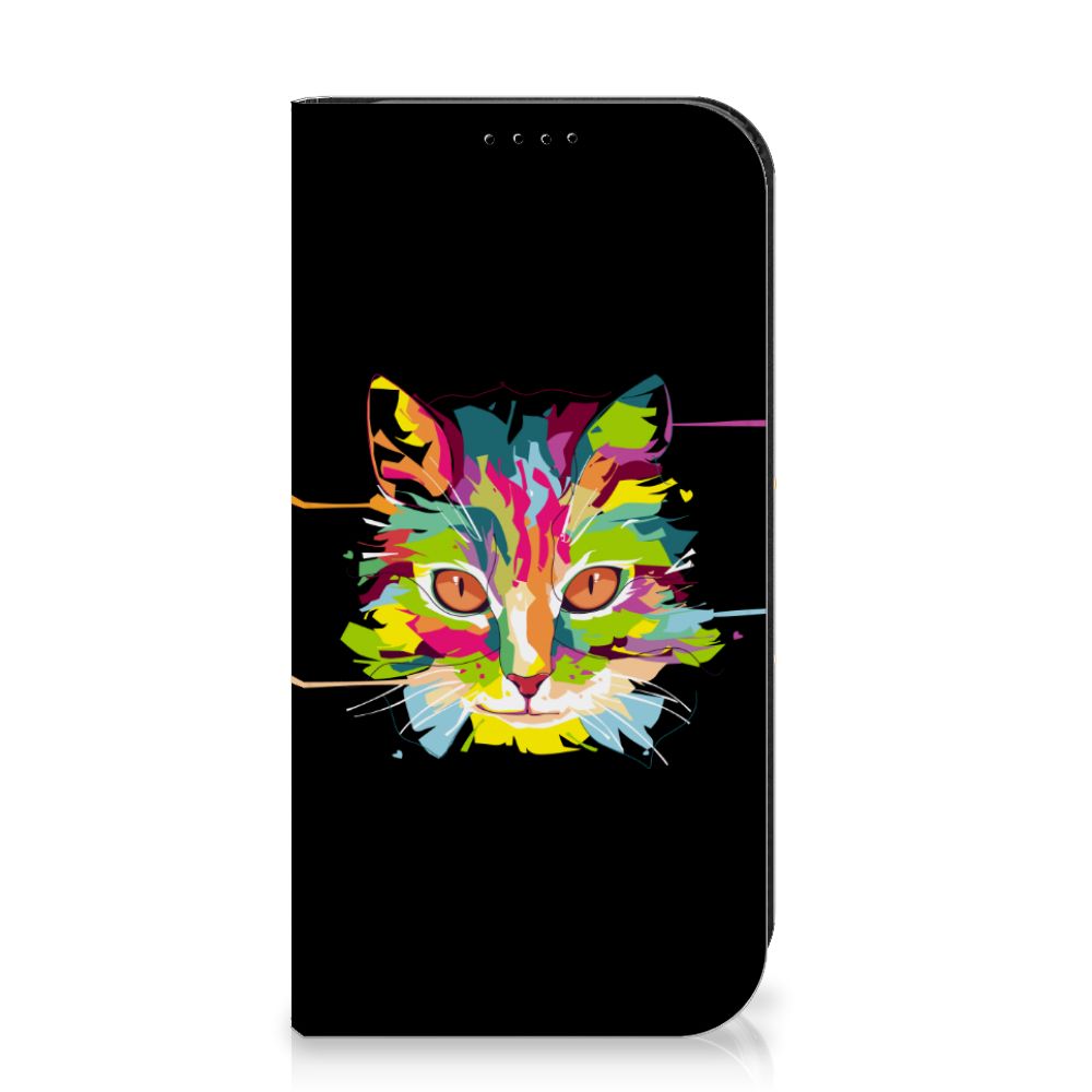 iPhone 15 Pro Magnet Case Cat Color - kleurrijk kattenhoofd ontwerp 🐱 op zwart en standaard functie.