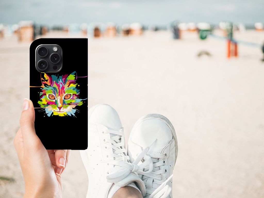 iPhone 15 Pro Magnet Case Cat Color met kleurrijk kattenontwerp op het strand 🐱.