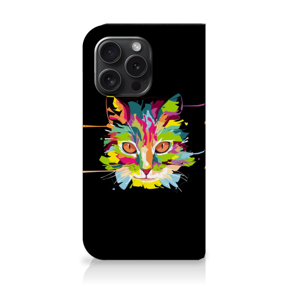 iPhone 15 Pro Magnet Case Cat Color - kleurrijk kattenontwerp op een zwarte hoes.