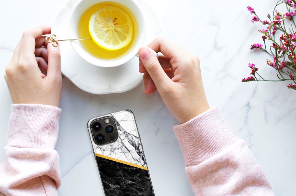 iPhone 15 Pro Marmeren Print Telefoonhoesje Marmer Wit Zwart - Origineel Cadeau Man B2C Telecom