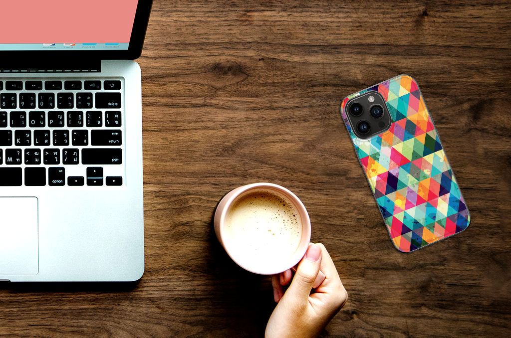 Apple iPhone 15 Pro Max Back Case Geruit kleurrijk patroon aanzicht