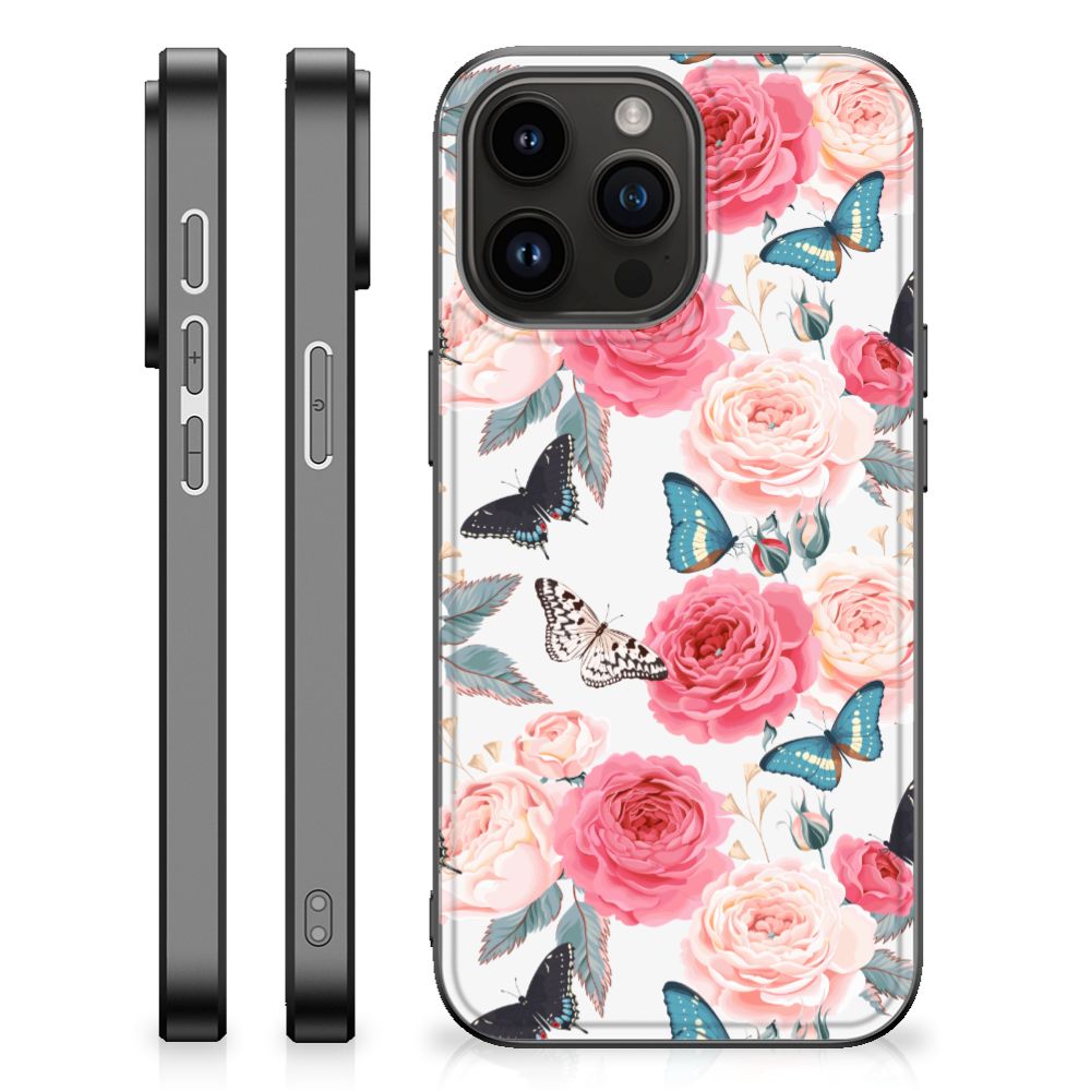 Apple iPhone 15 Pro Max Bloemen Hoesje Butterfly Roses zijkant bloemenprint
