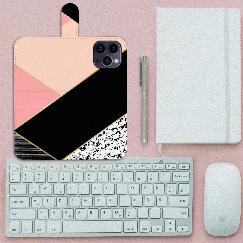 iPhone 15 Pro Max Book Case Zwart Roze Vormen met geometrisch ontwerp en smartphone.