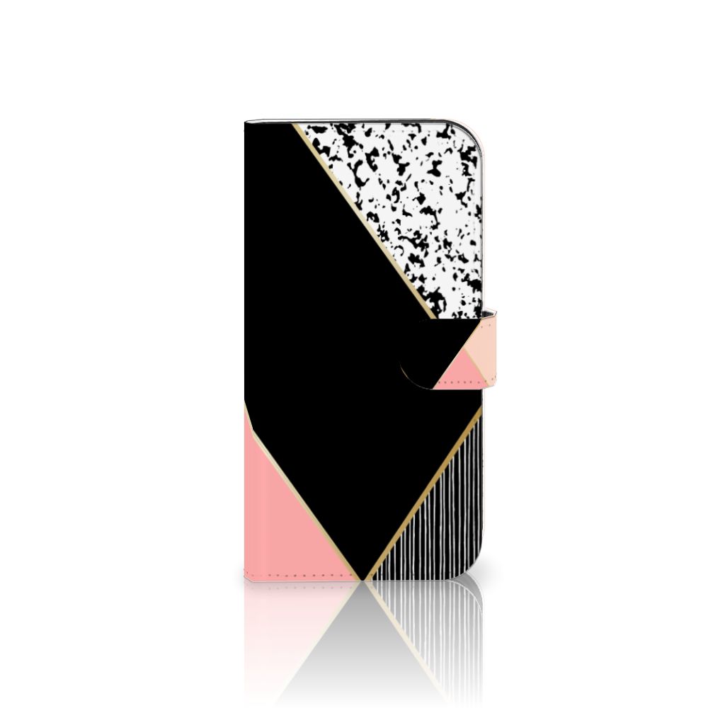 iPhone 15 Pro Max Book Case Zwart Roze Vormen met geometrisch ontwerp en ruimte voor pasjes 🖤🌸