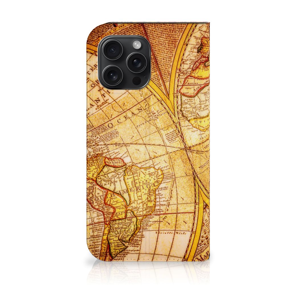 iPhone 15 Pro Max Book Cover Kompas wereldkaart design voorkant