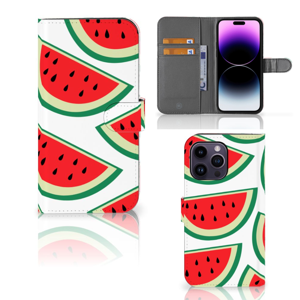 iPhone 15 Pro Max Book Cover Watermelons met vrolijke watermeloenprint en ruimte voor 3 pasjes 🍉.