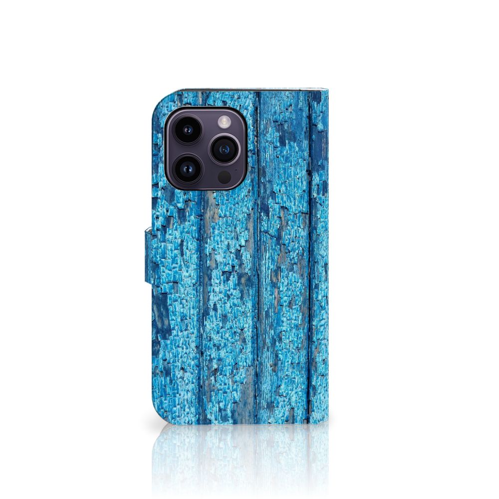 iPhone 15 Pro Max Book Style Case Wood Blue met een prachtig blauw houten design. 🌊