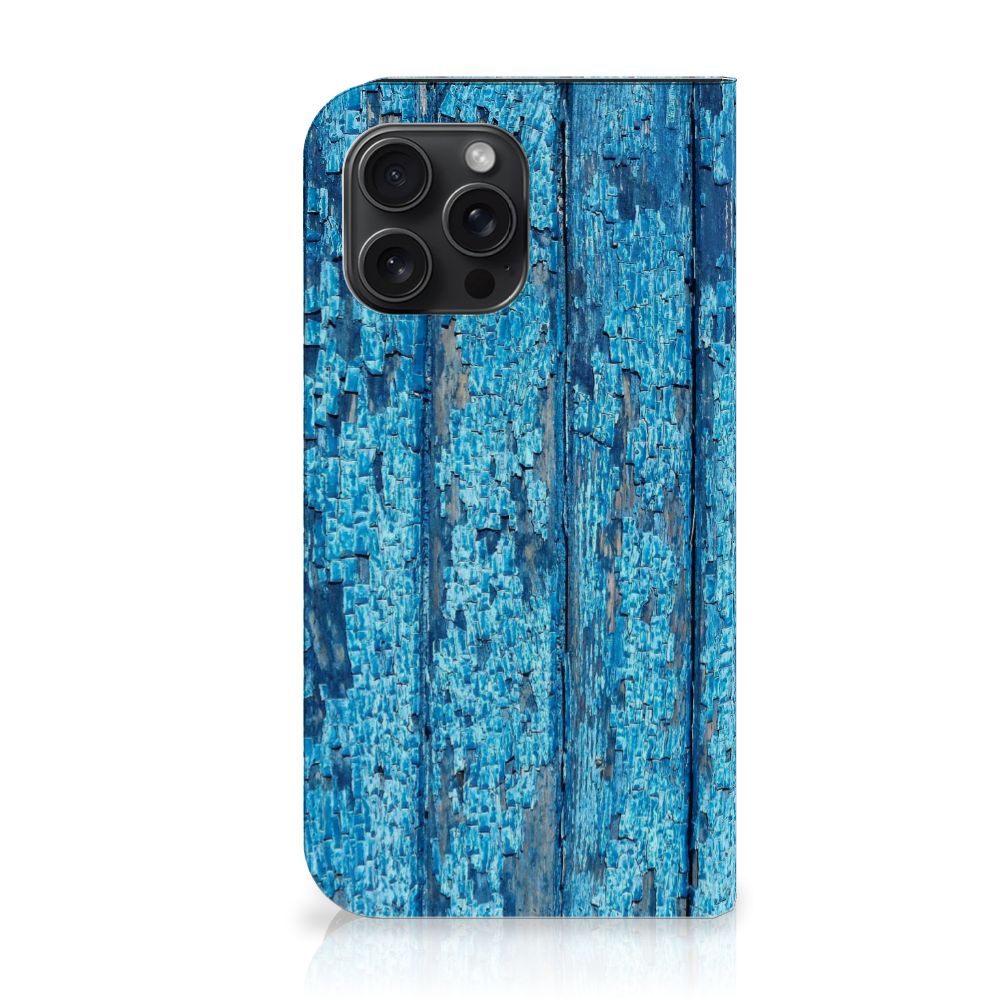 iPhone 15 Pro Max Book Wallet Case Wood Blue met een design van afgebladderd blauw hout 🌊.