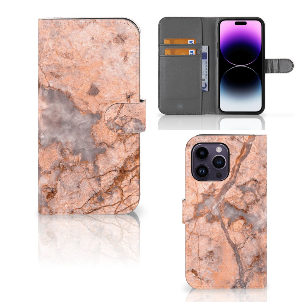 iPhone 15 Pro Max Bookcase Marmer Oranje met uniek marmerdesign en ruimte voor pasjes.
