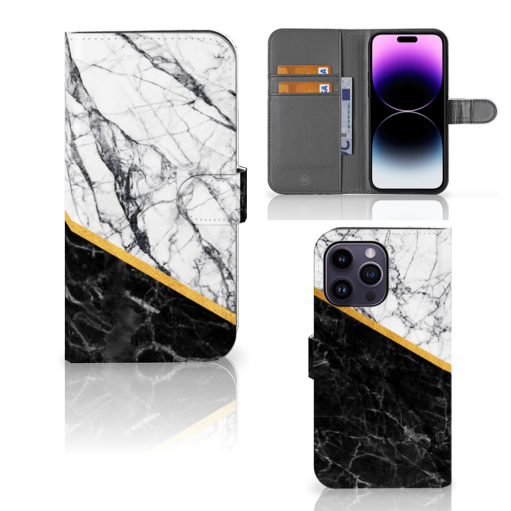 iPhone 15 Pro Max Bookcase Marmer Wit Zwart - Origineel Cadeau Man met luxe zwart-wit marmer design en gouden scheidingslijn.