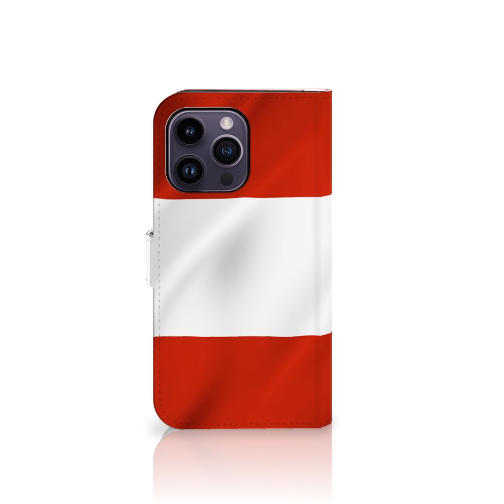 iPhone 15 Pro Max Bookstyle Case Oostenrijk met rode en witte vlag, elegant ontwerp.