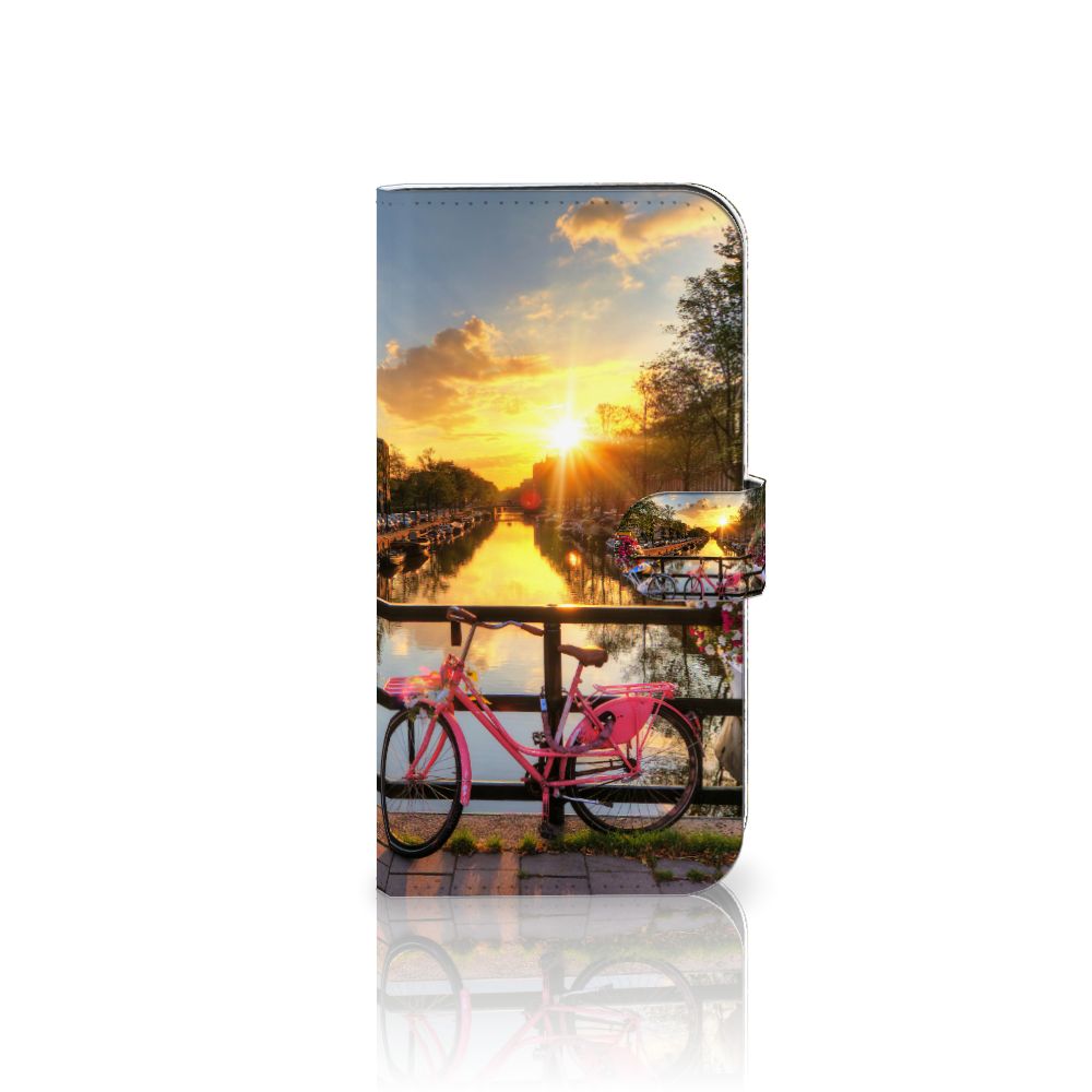 iPhone 15 Pro Max Flip Cover Amsterdamse Grachten met prachtig uitzicht op zonsondergang en fiets 🚲.