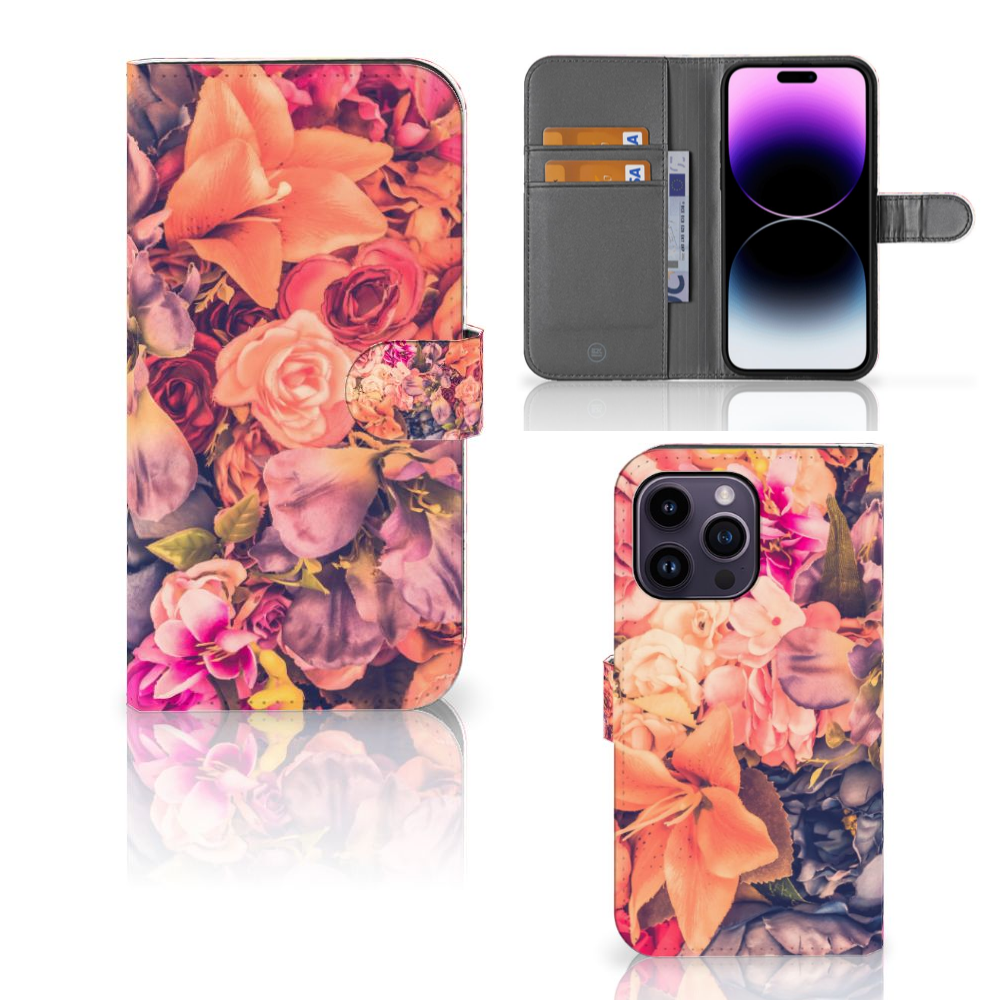 iPhone 15 Pro Max Hoesje Bosje Bloemen met kleurrijke bloemenprint en ruimte voor 3 pasjes 🌸
