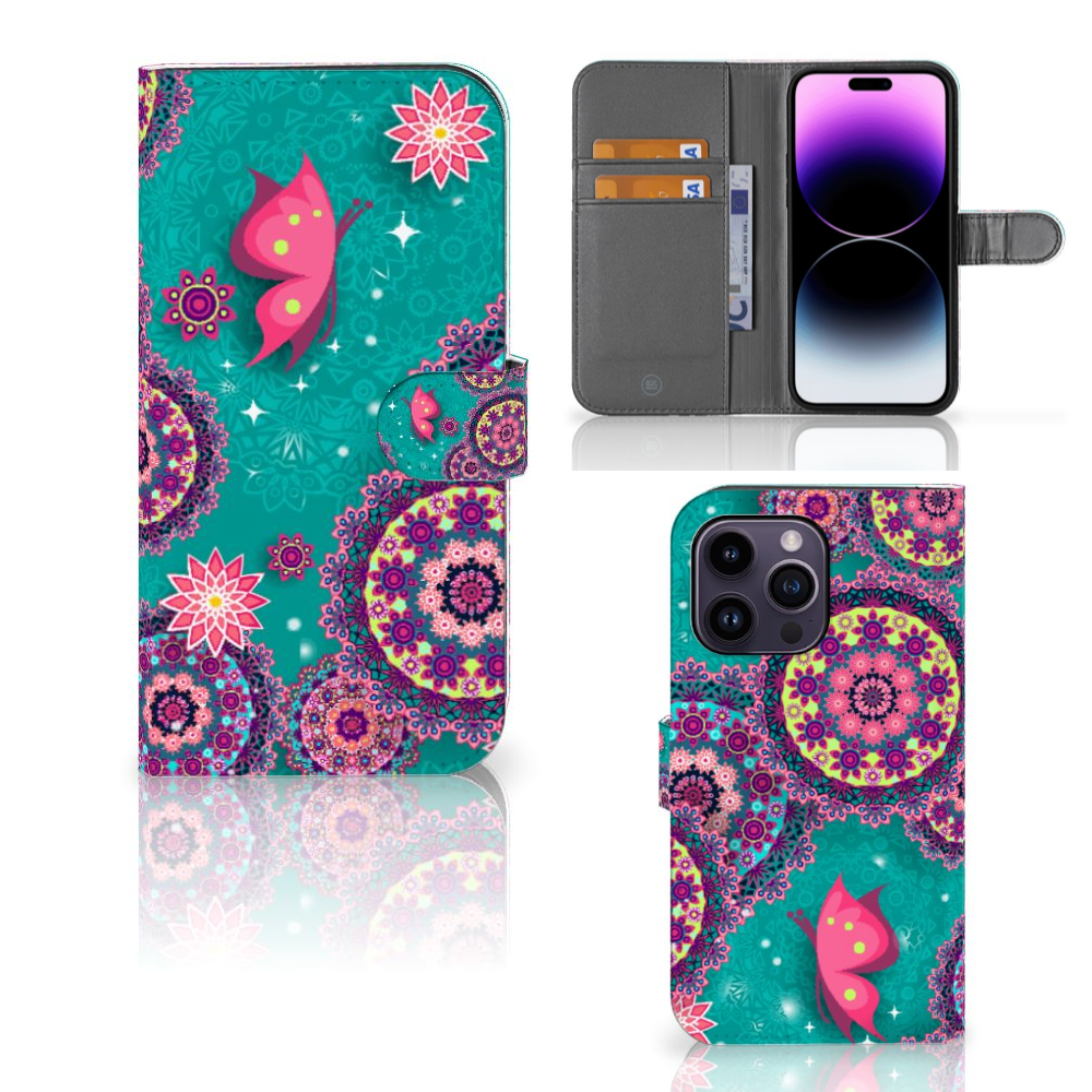 iPhone 15 Pro Max Hoesje Cirkels en Vlinders met heldere kleuren en mandala-patronen 🦋.
