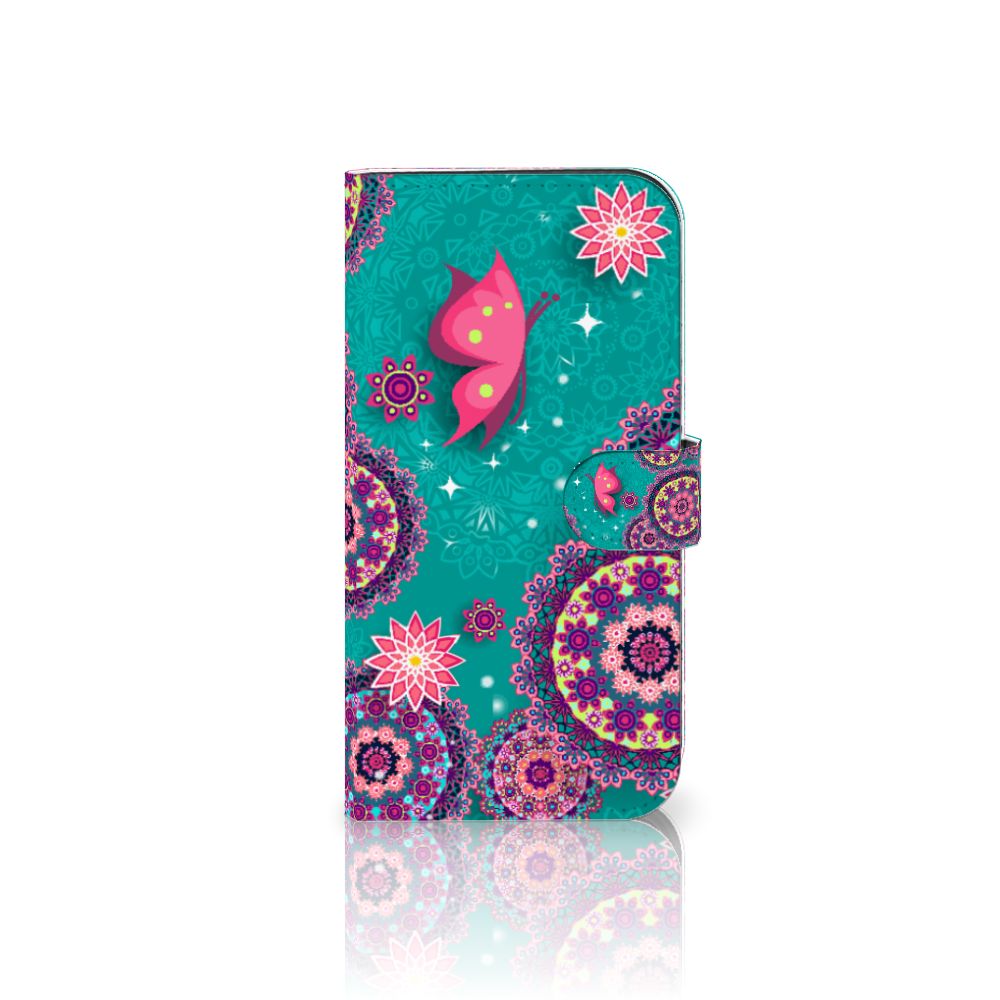 iPhone 15 Pro Max Hoesje Cirkels en Vlinders met kleurrijke mandala's en vlinders 🦋 op een turquoise achtergrond.