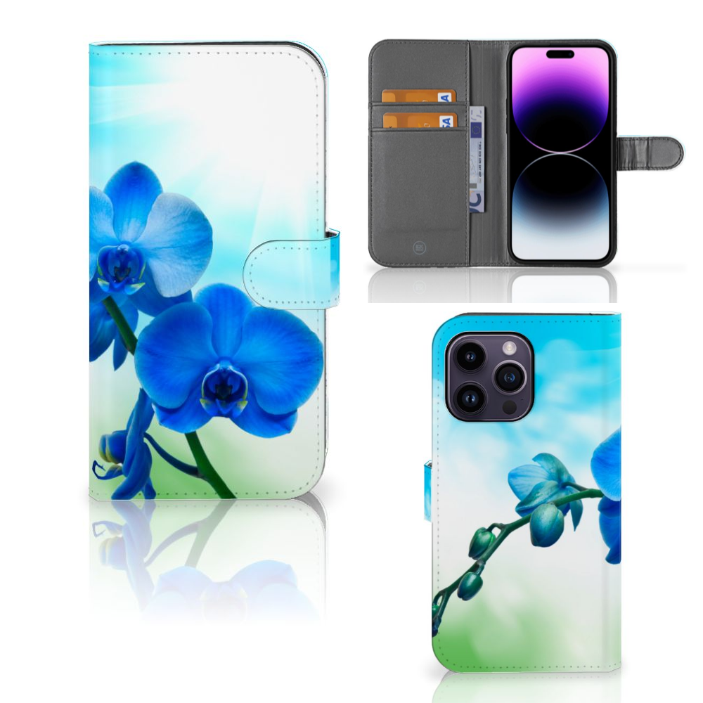 iPhone 15 Pro Max Hoesje Orchidee Blauw - Cadeau voor je Moeder met elegant orchideeënontwerp.