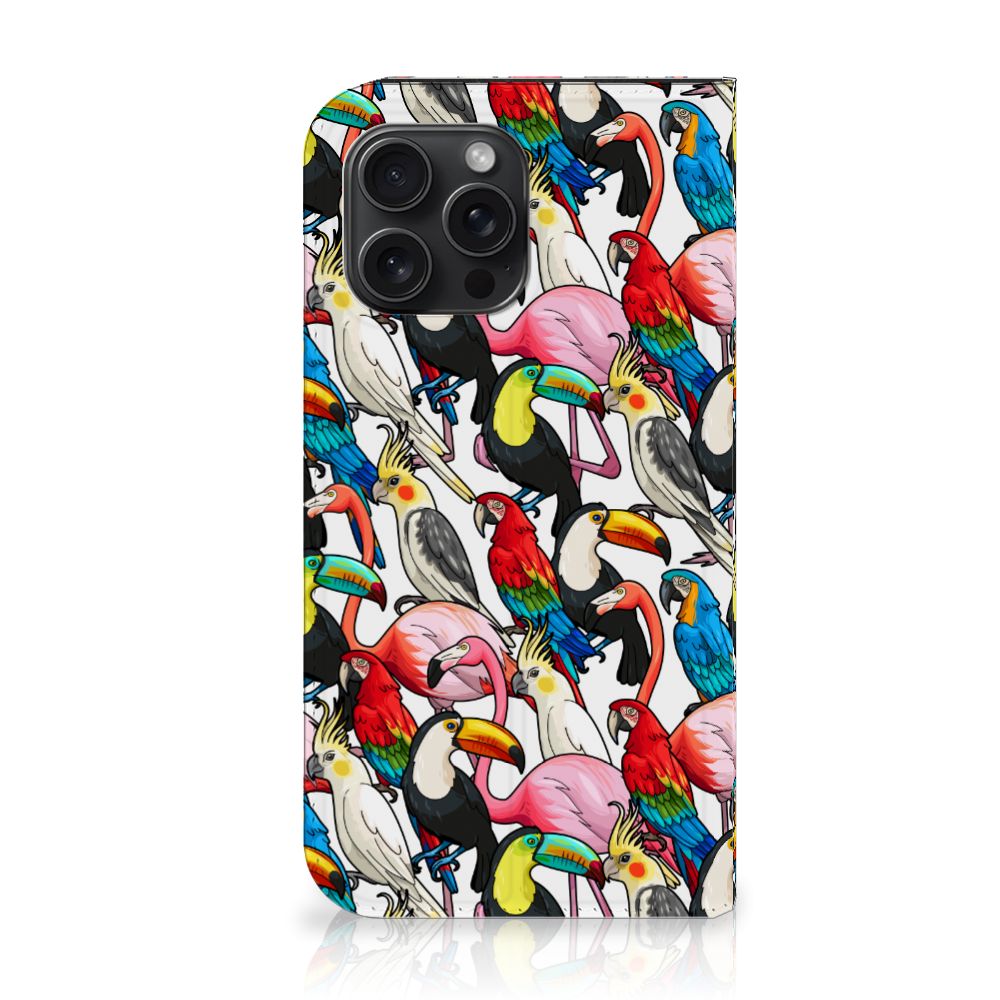 iPhone 15 Pro Max Hoesje maken Birds met diverse felle vogels zoals toekans en flamingo's op een witte achtergrond.