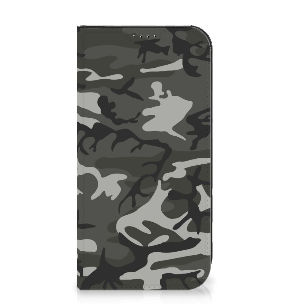iPhone 15 Pro Max Hoesje met Magneet Army Light met camouflagepatroon in grijstinten.