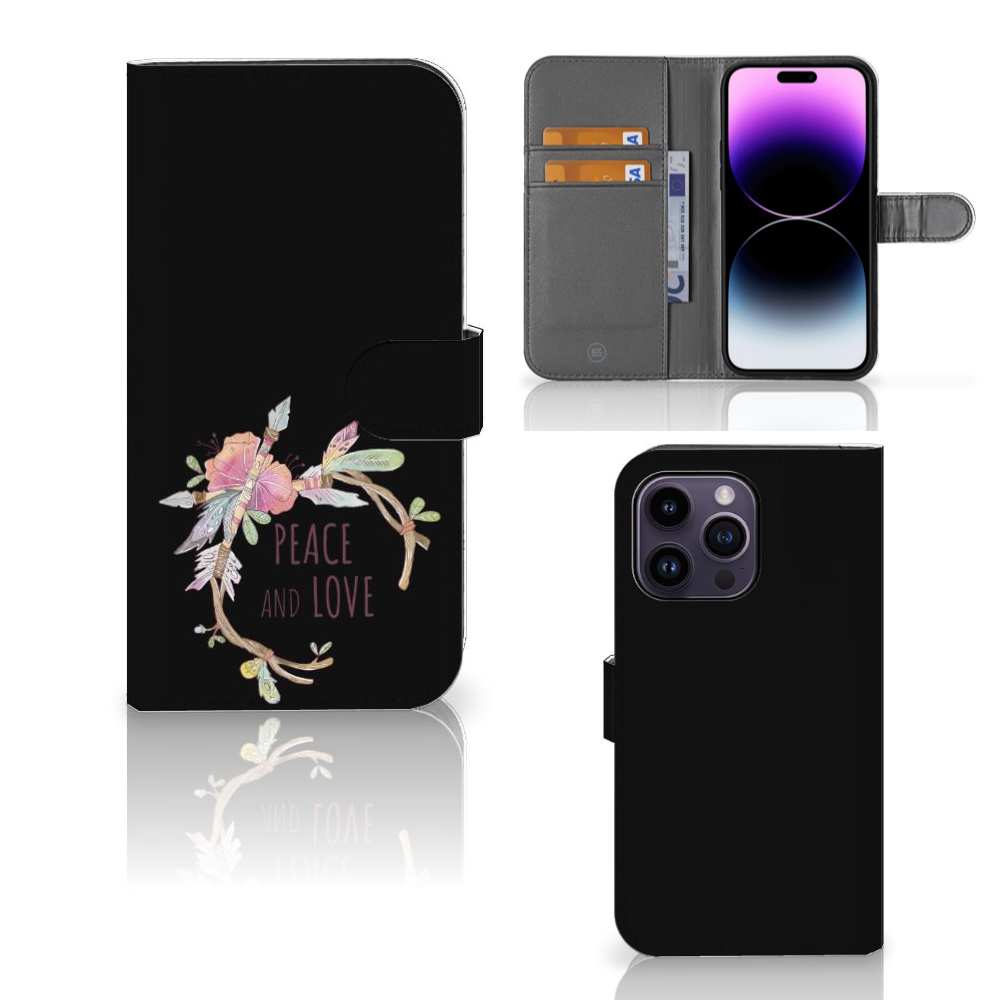 iPhone 15 Pro Max Leuk Hoesje Boho Text met 'Peace and Love' ontwerp, inclusief pasjeshouders ❤️