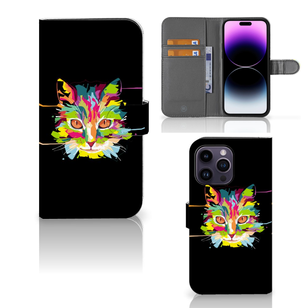 iPhone 15 Pro Max Leuk Hoesje Cat Color met kleurige kattenafbeelding op zwarte achtergrond 🐱