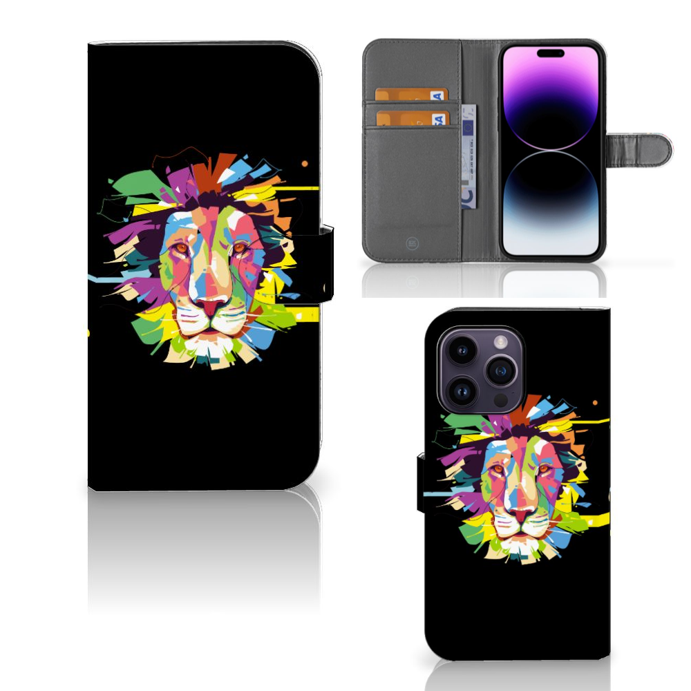 iPhone 15 Pro Max Leuk Hoesje Lion Color met kleurrijk leeuwendesign en pasjeshouders. 🦁