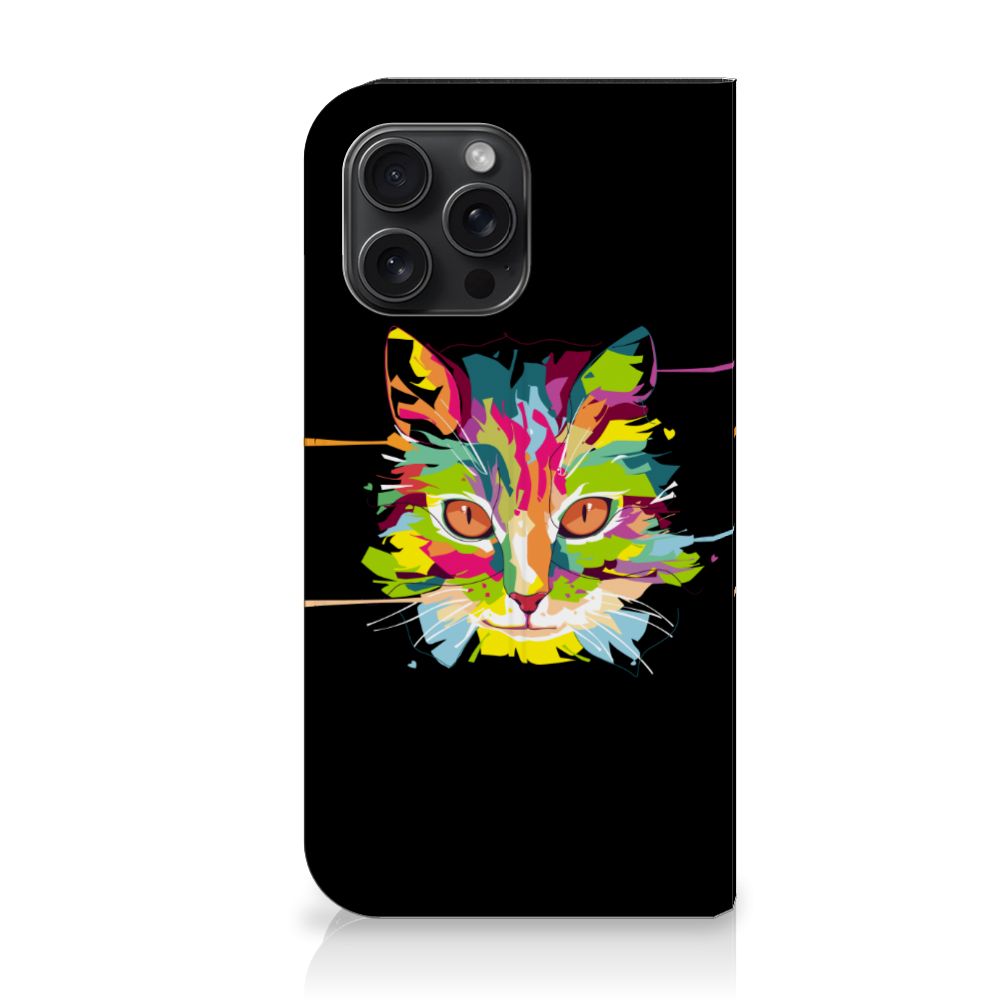 iPhone 15 Pro Max Magnet Case Cat Color, kleurrijk kattenontwerp op zwart fond met een moderne uitstraling.