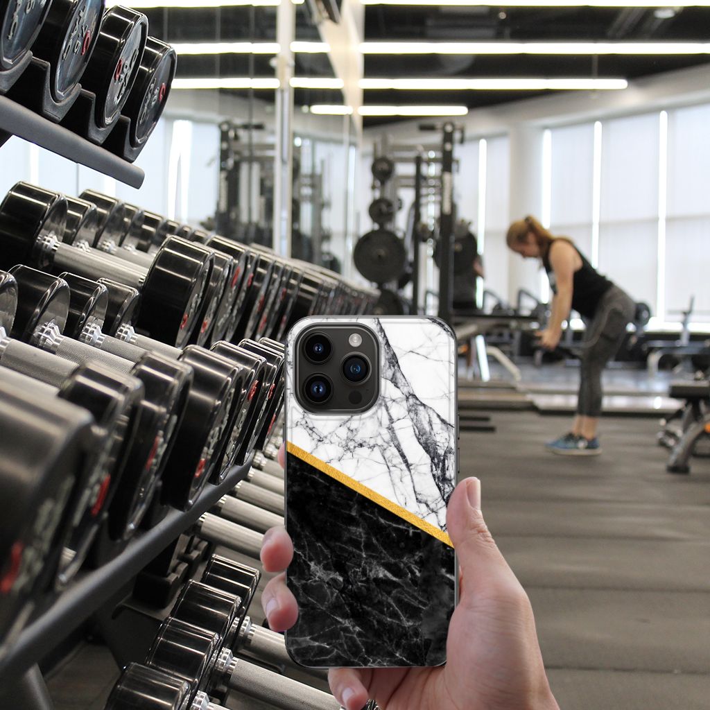 Apple iPhone 15 Pro Max Marmeren Print Telefoonhoesje Marmer Wit Zwart telefoonhoesje stenen print hand met gewicht