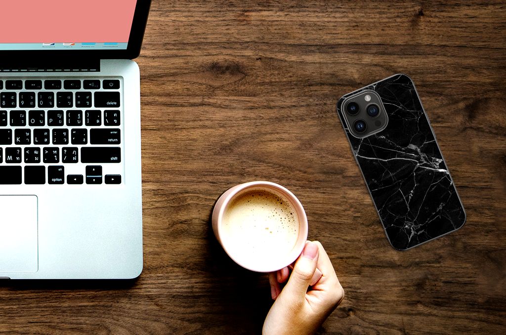 iPhone 15 Pro Max Marmeren Print Telefoonhoesje Marmer Zwart - Origineel Cadeau Vader B2C Telecom