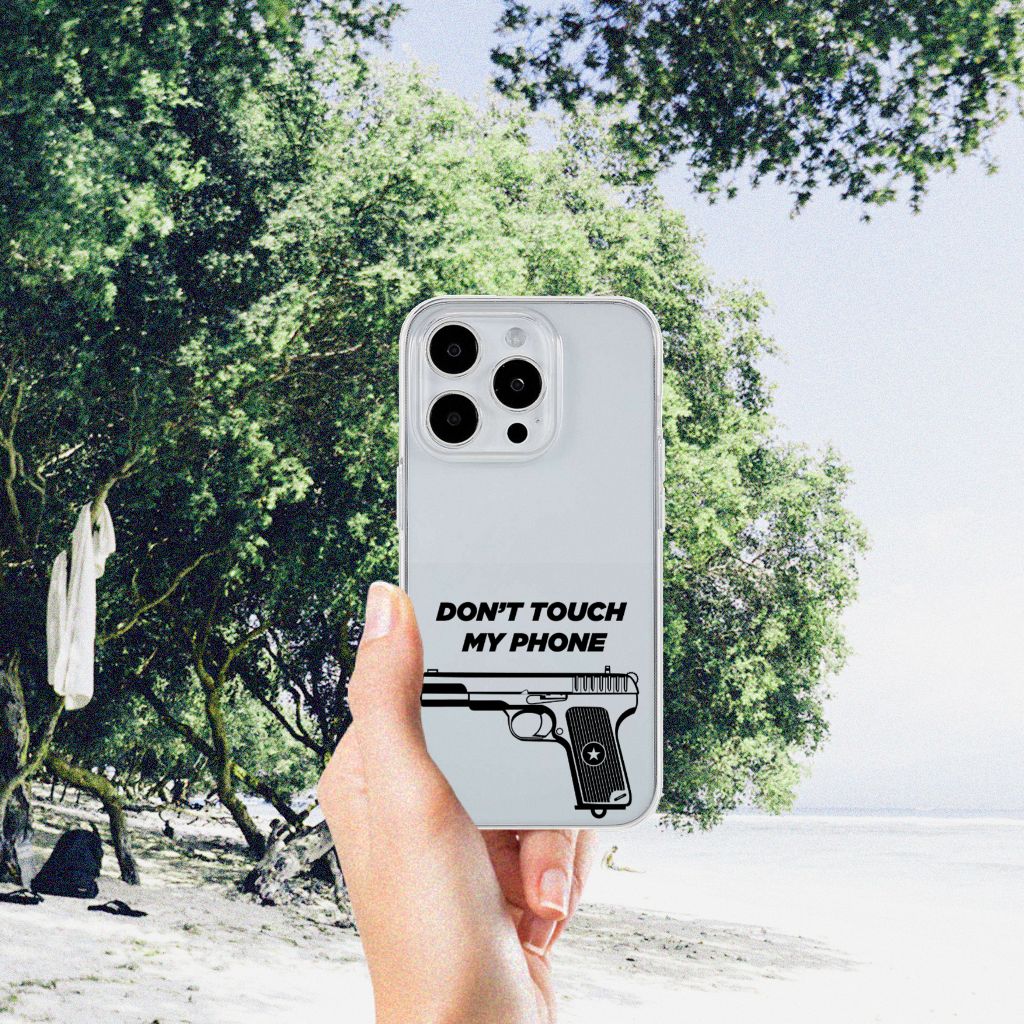 iPhone 15 Pro Max Silicone-hoesje Pistol DTMP met opvallend pistool ontwerp en boodschap 'DON'T TOUCH MY PHONE' 📱