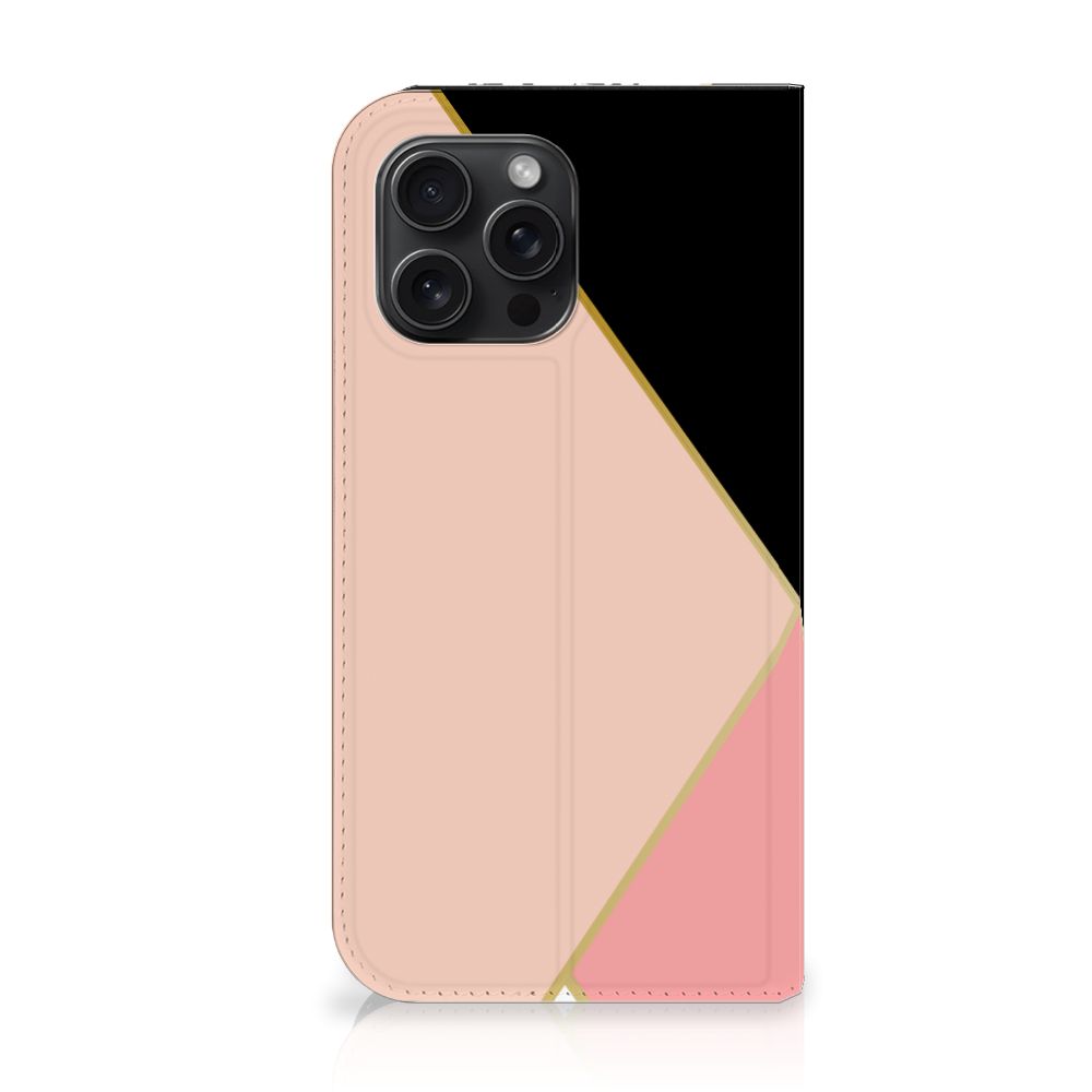 iPhone 15 Pro Max Stand Case Zwart Roze Vormen met kleurrijke geometrische patronen en een trendy ontwerp.