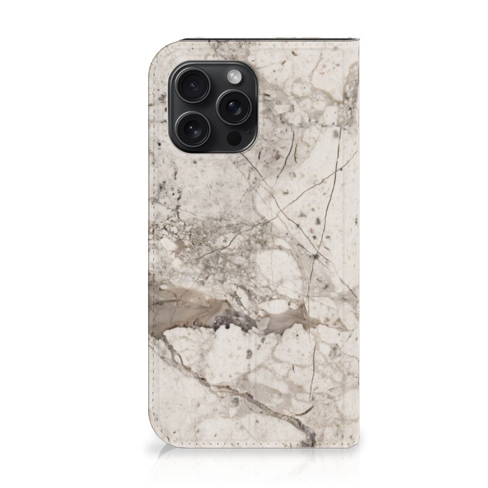 iPhone 15 Pro Max Standcase Marmer Beige met een elegant marmerdesign in neutrale tinten.