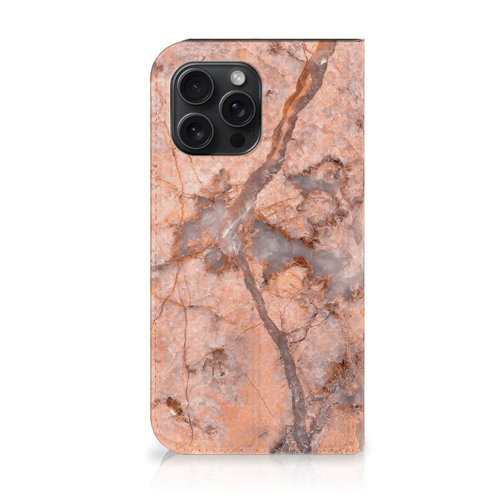 iPhone 15 Pro Max Standcase Marmer Oranje met elegant marmerdesign voor optimale bescherming.