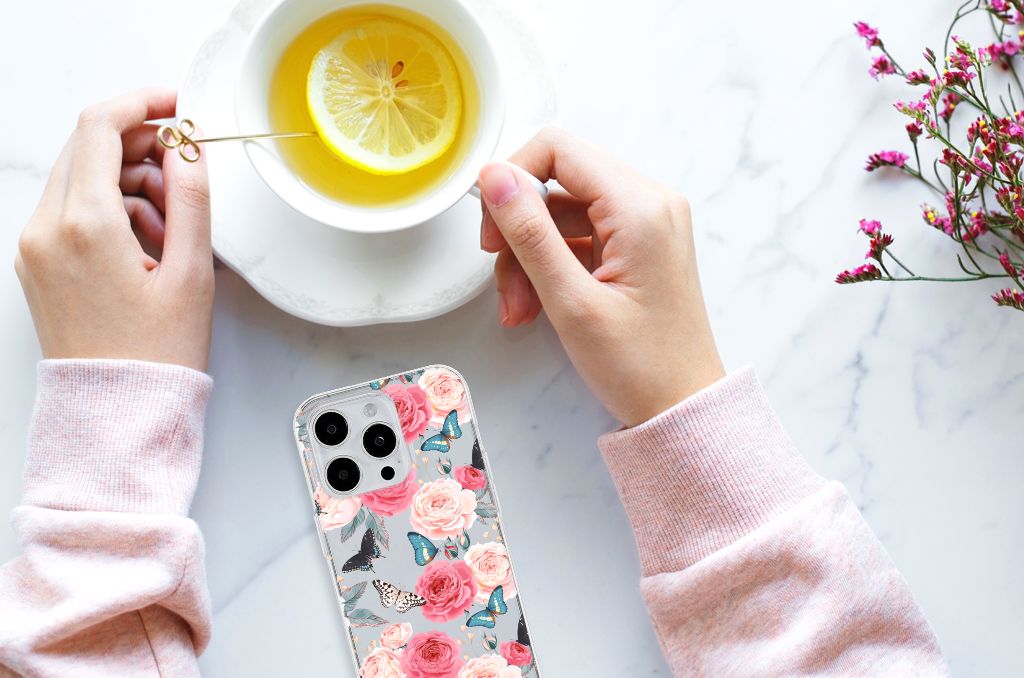 iPhone 15 Pro Max TPU Case Butterfly Roses design with butterfly and rose pattern, styled with a cup of tea.