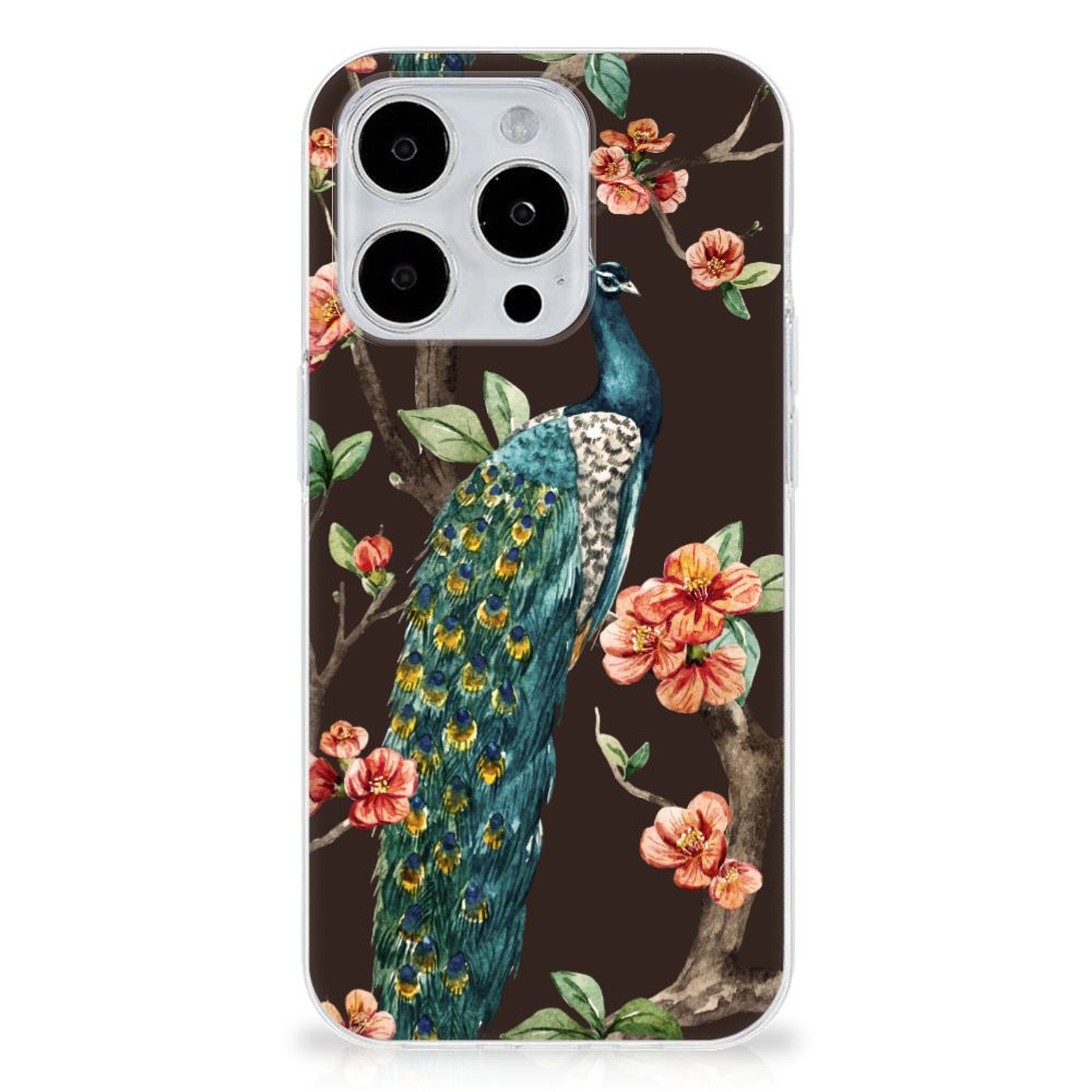 iPhone 15 Pro Max TPU Hoesje Pauw met Bloemen: kleurrijke pauw omgeven door bloemen op duurzame case.