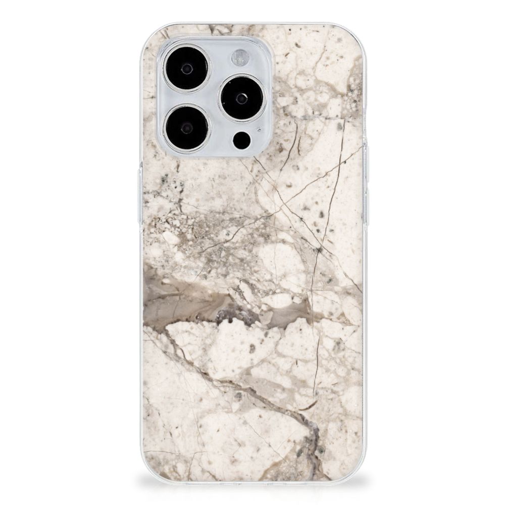 iPhone 15 Pro Max TPU Siliconen Hoesje Marmer Beige met elegant marmerdesign en mooie grijze aders.