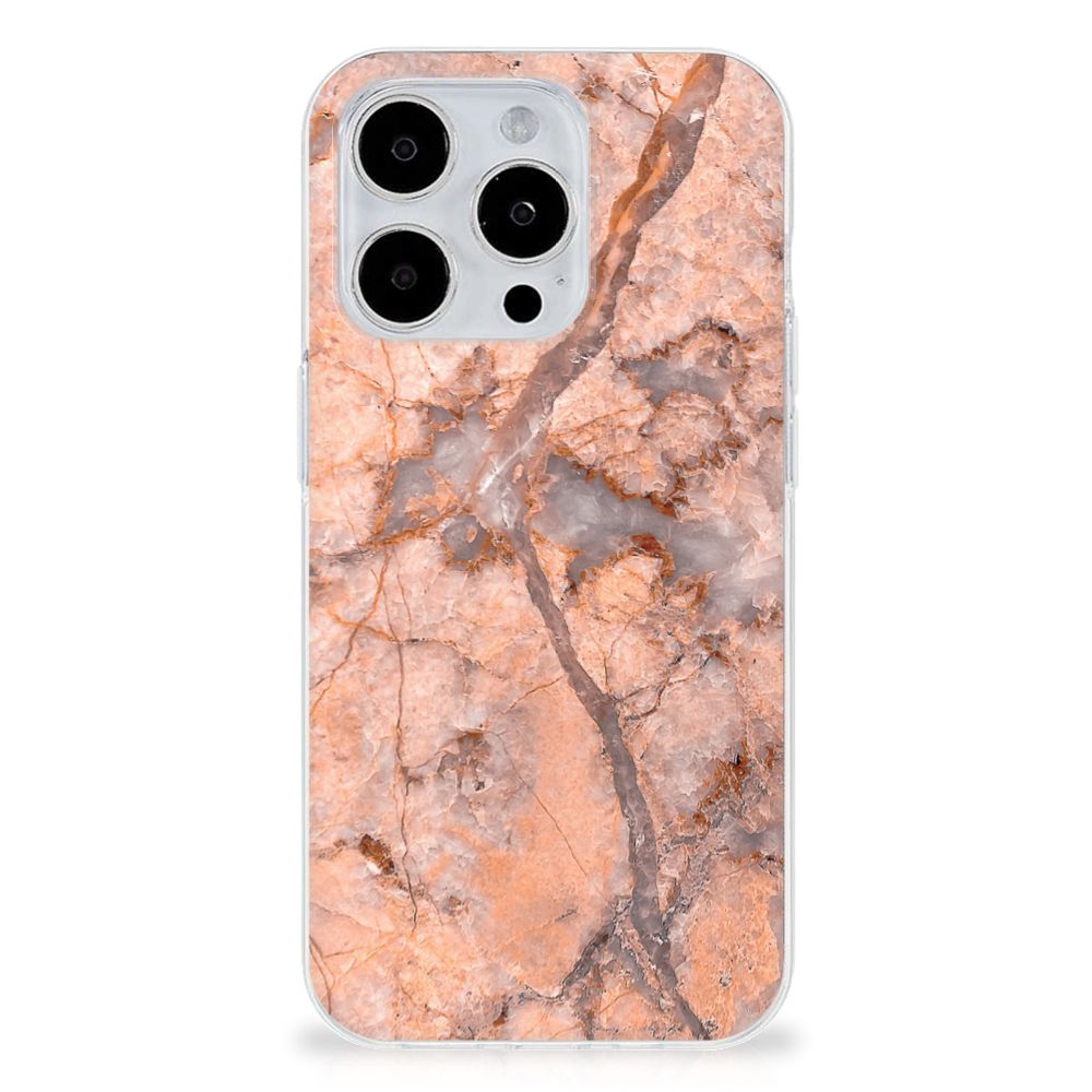 iPhone 15 Pro Max TPU Siliconen Hoesje Marmer Oranje met prachtig marmer design