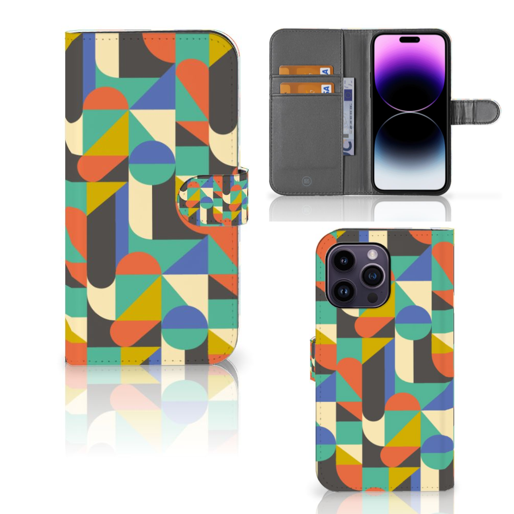 iPhone 15 Pro Max Telefoon Hoesje Funky Retro met kleurrijk geometrisch ontwerp en kaartinvoer voor een artistieke uitstraling.