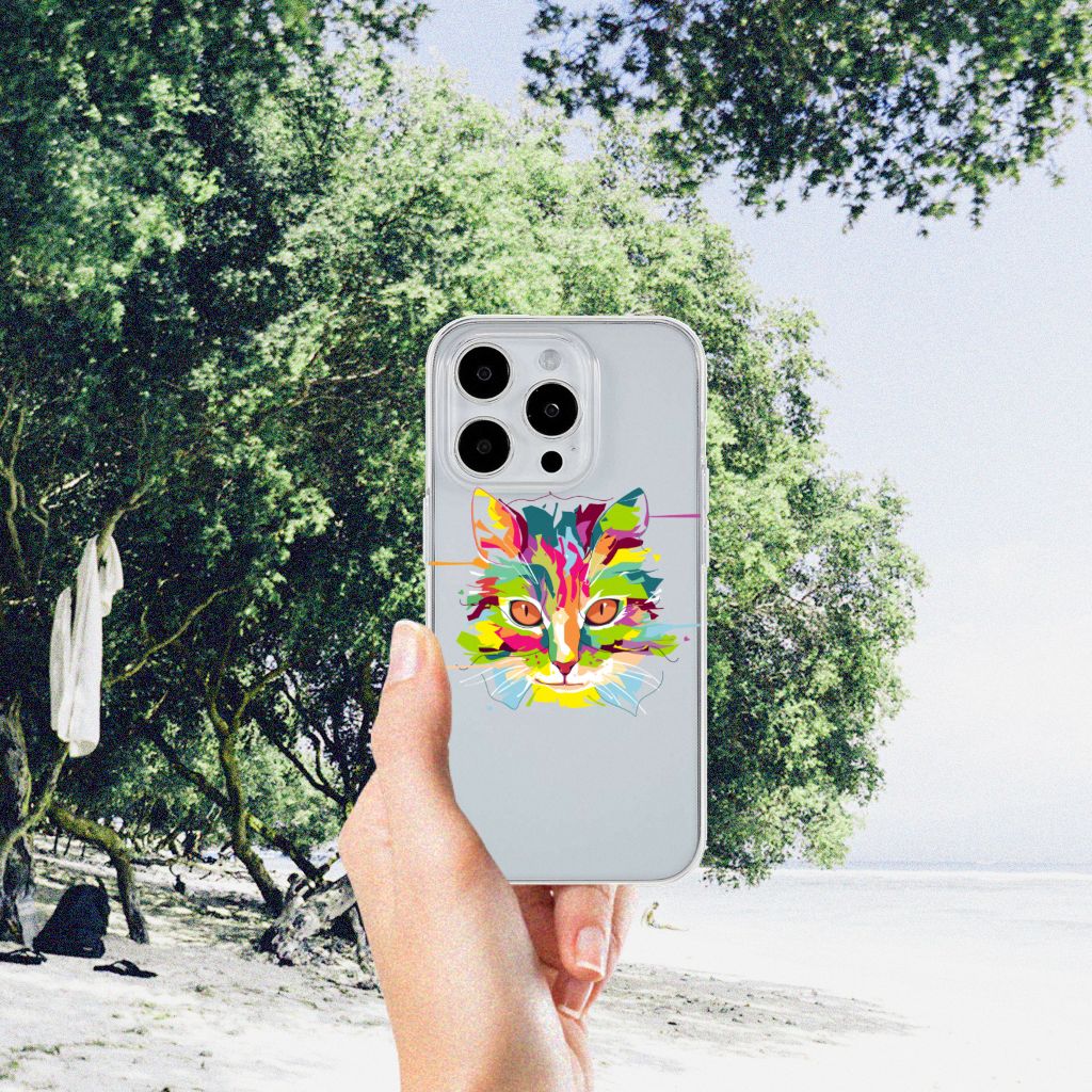 iPhone 15 Pro Max Telefoonhoesje met Naam Cat Color in kleurrijk design bij het strand.