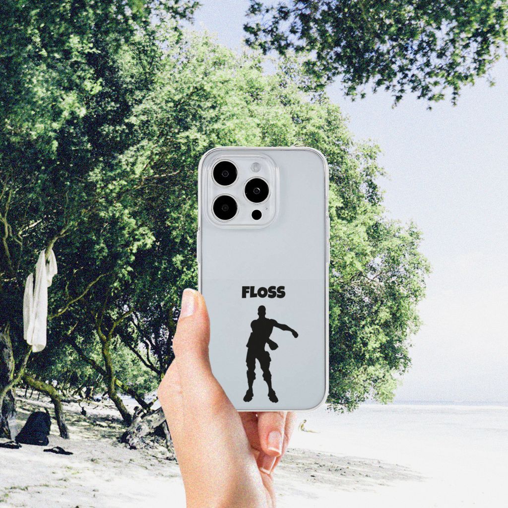 iPhone 15 Pro Max Telefoonhoesje met Naam Floss met silhouet van dansende persoon op een strand.