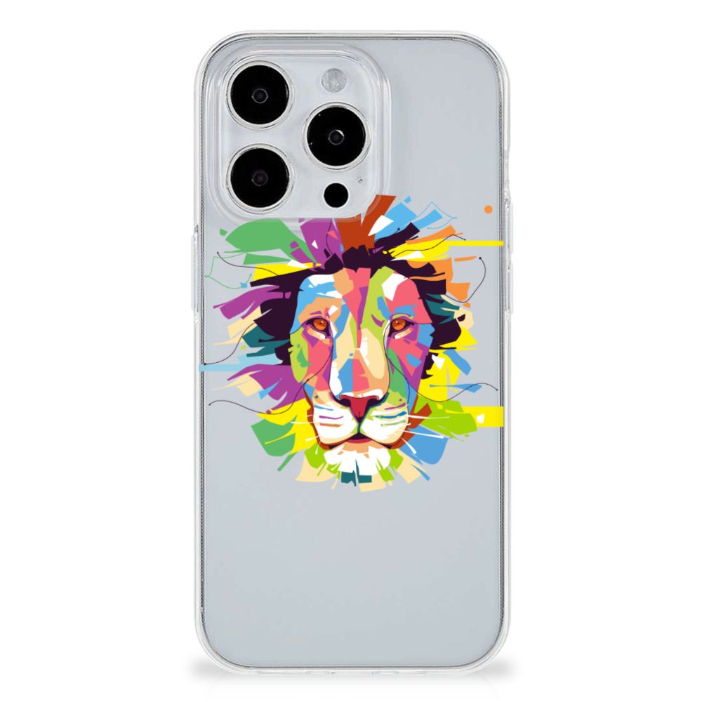 iPhone 15 Pro Max Telefoonhoesje met Naam Lion Color met kleurrijk leeuwendesign op transparante hoes.