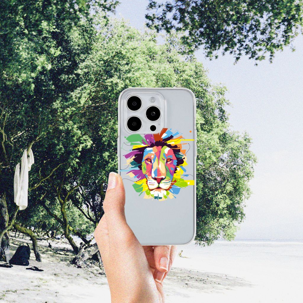 iPhone 15 Pro Max Telefoonhoesje met Naam Lion Color, kleurrijk leeuwenontwerp op flexibele rubberen hoesje