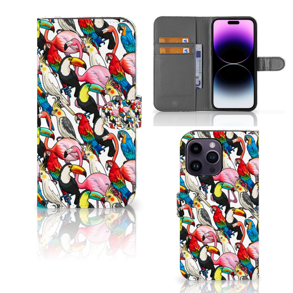 iPhone 15 Pro Max Telefoonhoesje met Pasjes Birds met kleurrijke vogels zoals toekans, papegaaien en flamingo's 🦩.
