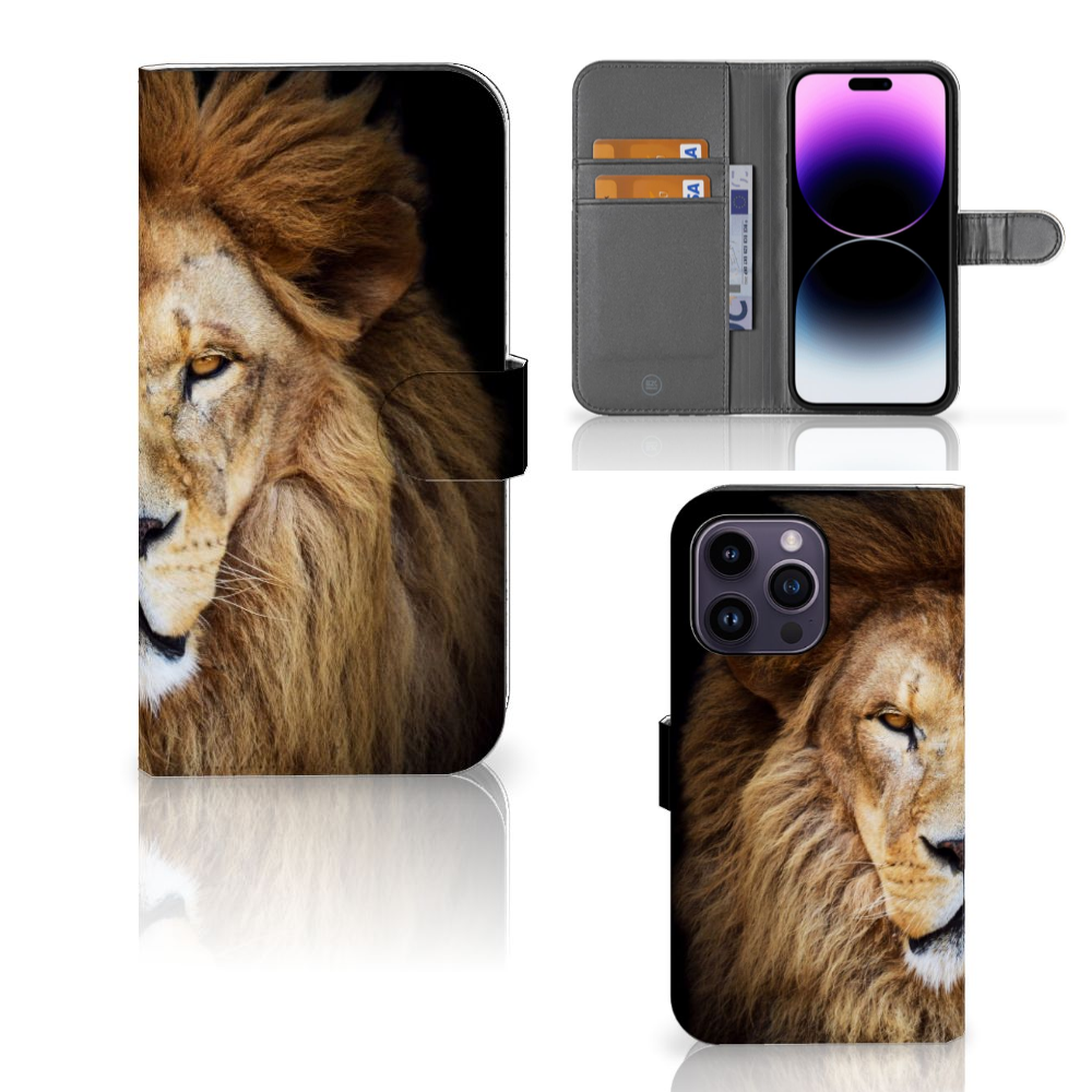 iPhone 15 Pro Max Telefoonhoesje met Pasjes Leeuw met magnetische sluitclip en stoer leeuwendesign 🦁.