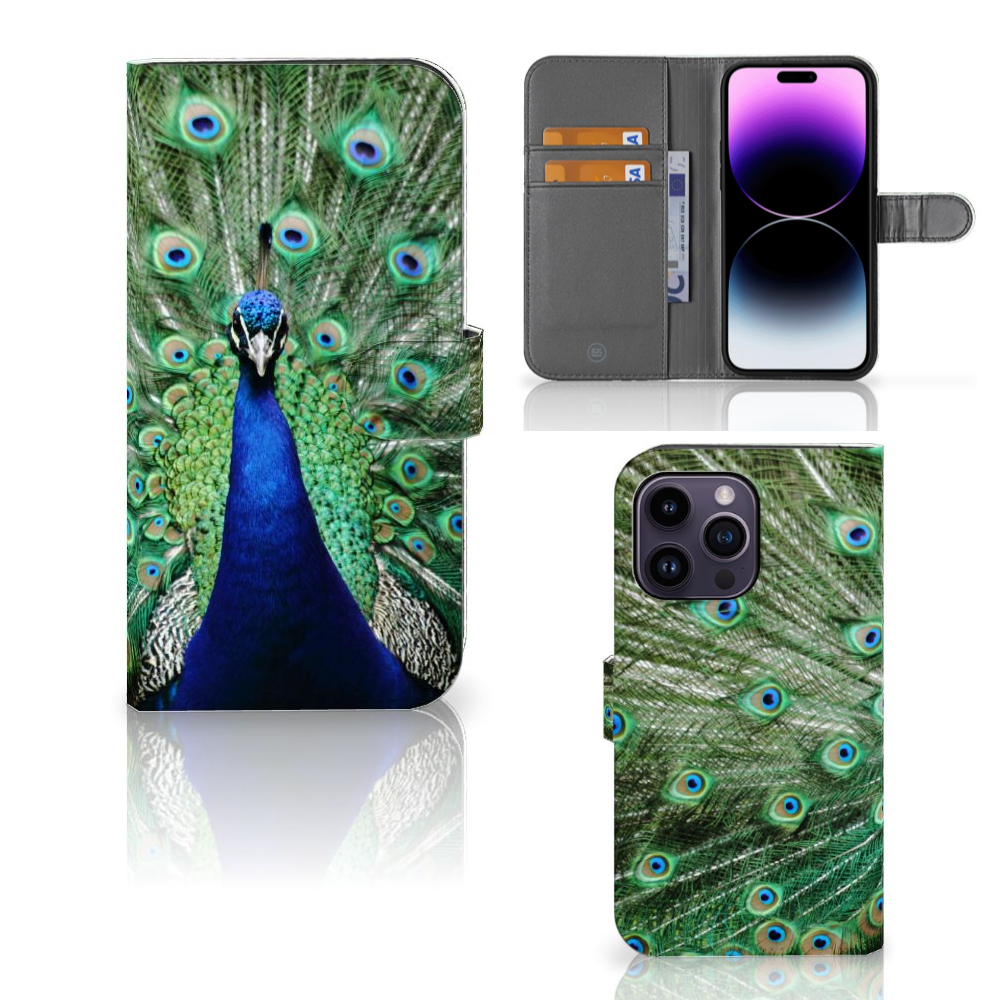 iPhone 15 Pro Max Telefoonhoesje met Pasjes Pauw met kleurrijk pauwdesign op voorzijde en ruimte voor pasjes