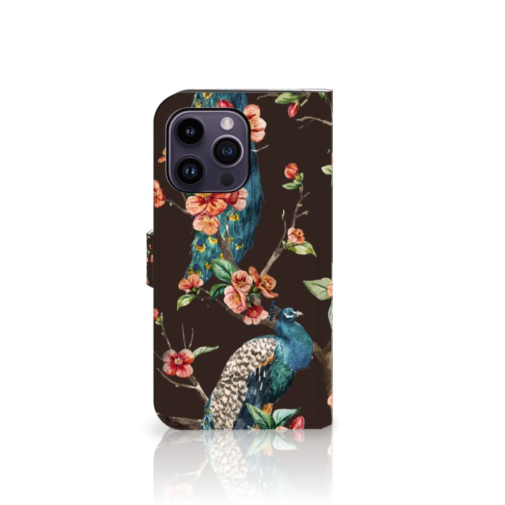 iPhone 15 Pro Max Telefoonhoesje met Pasjes Pauw met Bloemen, artistiek design met pauwen en bloemen.