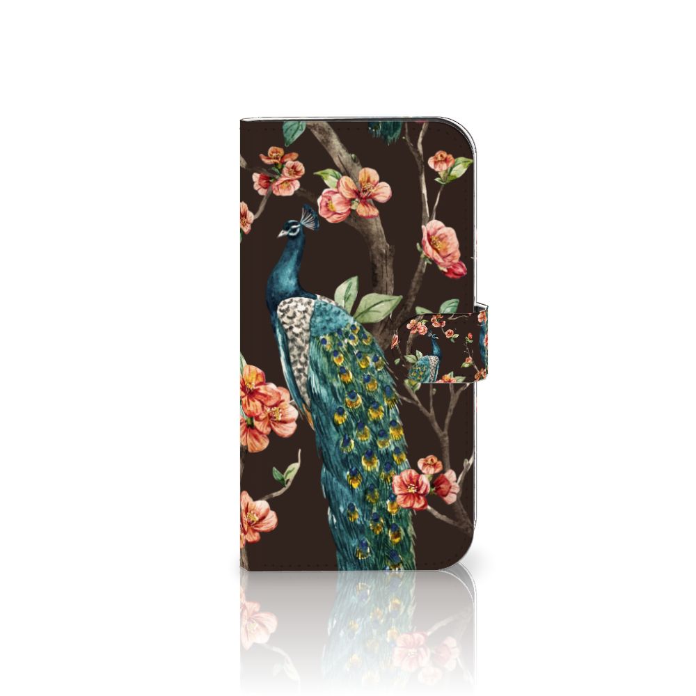 iPhone 15 Pro Max Telefoonhoesje met Pasjes Pauw met Bloemen op een donkere achtergrond 🌸.