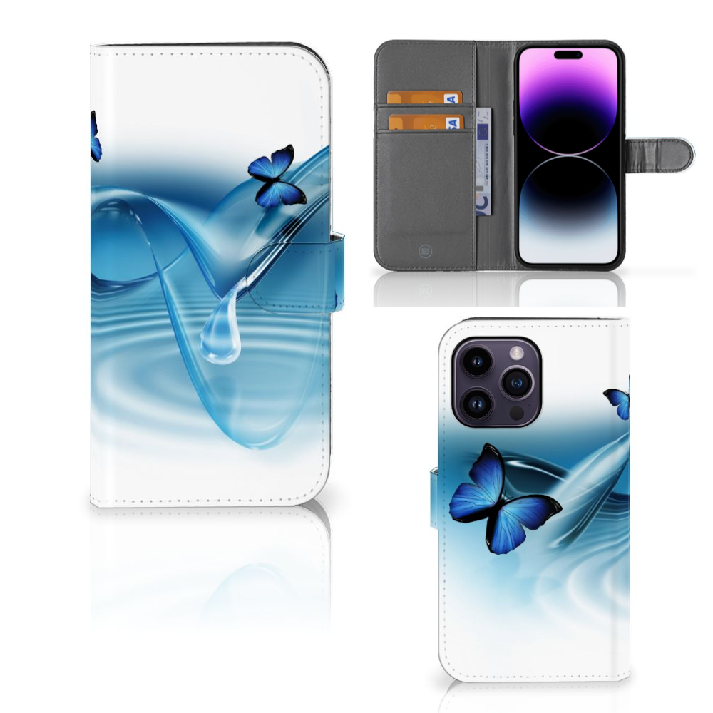 iPhone 15 Pro Max Telefoonhoesje met Pasjes Vlinders met blauwe vlinders en golven design 🦋.