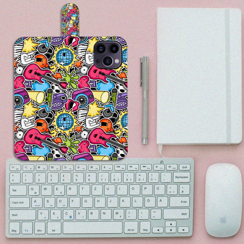 iPhone 15 Pro Max Wallet Case met Pasjes Punk Rock met kleurrijke punk elementen zoals gitaren en discoballen 🎸