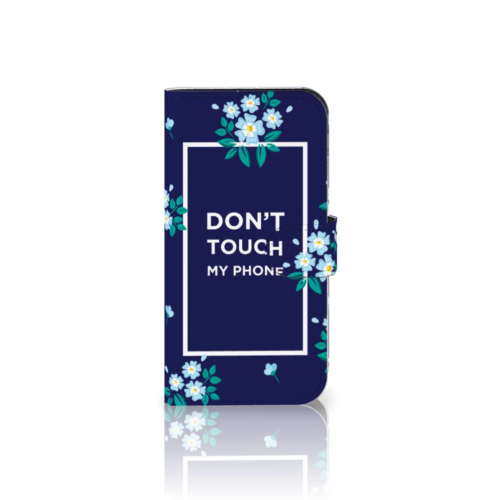 iPhone 15 Pro Portemonnee Hoesje Flowers Blue DTMP met bloemenprint en tekst 'DON'T TOUCH MY PHONE'.